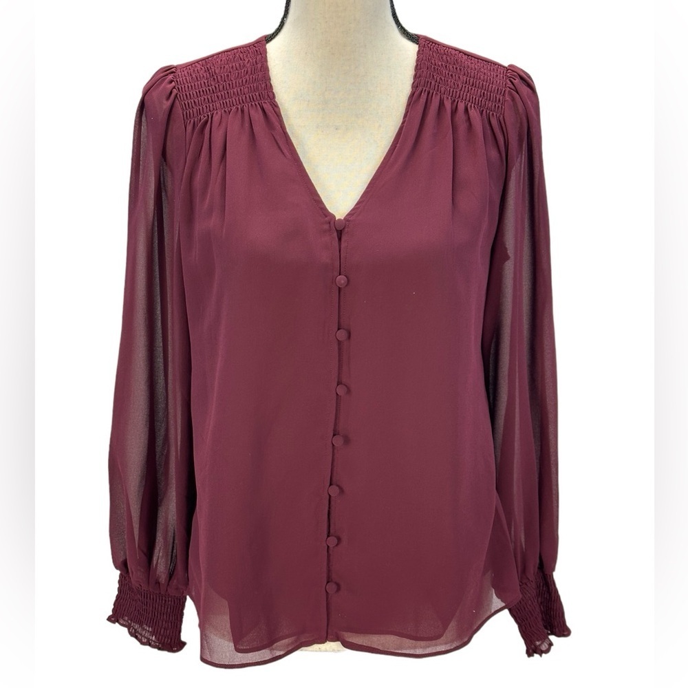 Sam & Jess Long Sleeve V-Neck Smocked Cuff Blouse - Maroon Red - size MP